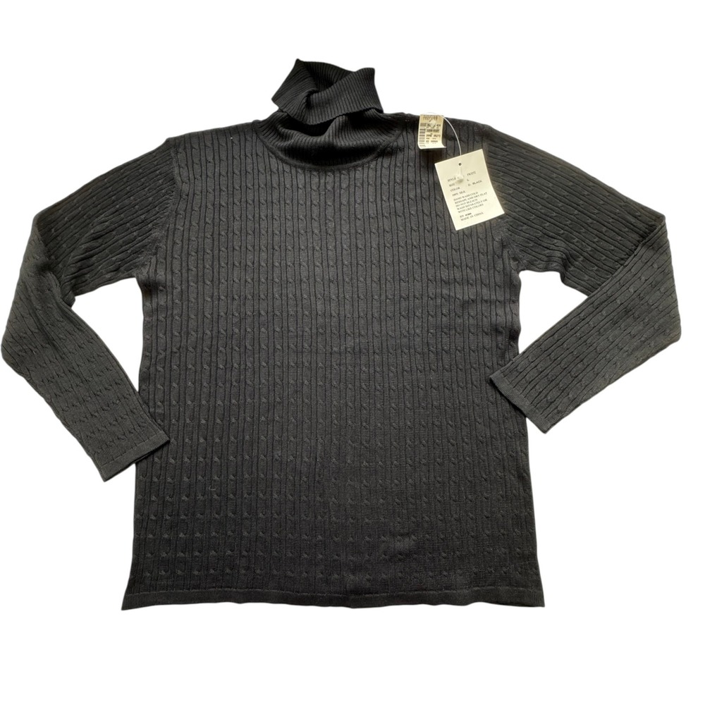 NEW Parisian Black Silk Cable Knit Turtleneck Sweater Womens Large Luxury VTG